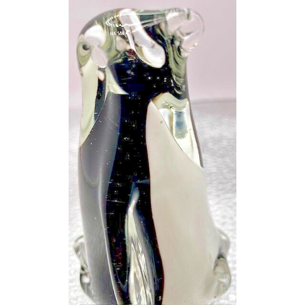 Murano Style Art Glass Penguin 4.25” X 3.5" Clear, Black & White - Picture 6 of 8